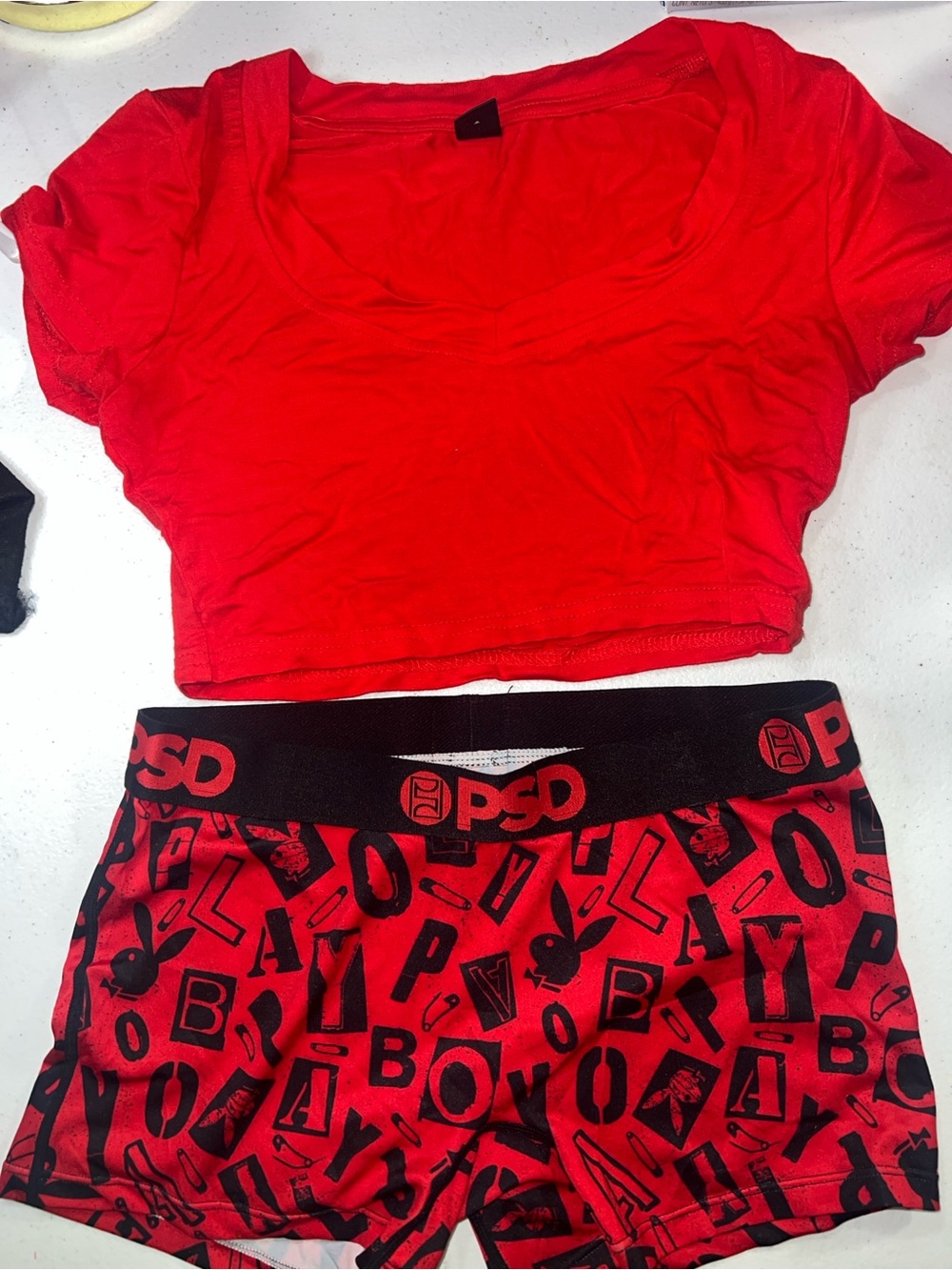 PSD Red Boxer  Shorts and Matching Red Crop Top SHEIN)